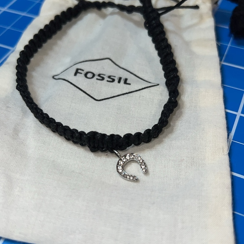 New Black Macrame Bracelet with Fossil Horseshoe Charm